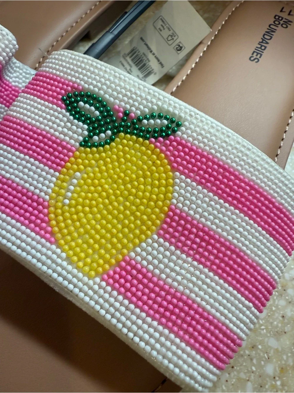 No Boundaries Pink & White Beaded Slide Sandals with Yellow Lemon Women’s Sz 11